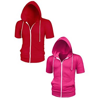 2 Packs Men's Short Sleeve Hoodie Solid Color Zip up Hoodies with Pockets
