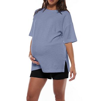 Women's Maternity Shirts Short Sleeve SweatShirt Casual Round Neck Hidden Zipper Split Side Tops