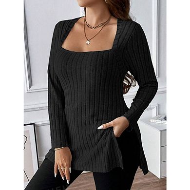 Women’s Plus Size Square Neck Long Sleeve Ribbed Knit Pullover with Side Split Tunic