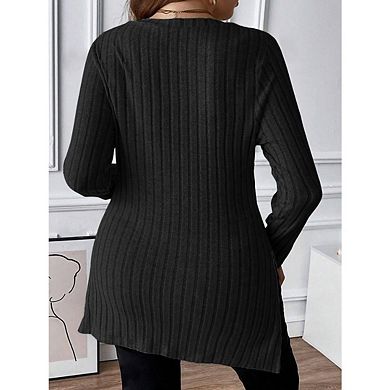 Women’s Plus Size Square Neck Long Sleeve Ribbed Knit Pullover with Side Split Tunic