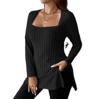 Women’s Plus Size Square Neck Long Sleeve Ribbed Knit Pullover with Side Split Tunic