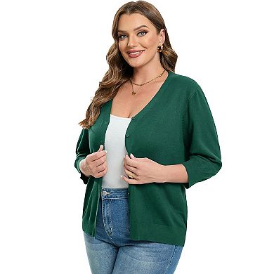 Women's Plus Size V-Neck Cardigan Casual 3/4 Sleeve Knit Button Down Open Front Sweater