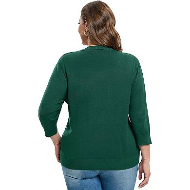 Women's Plus Size V-Neck Cardigan Casual 3/4 Sleeve Knit Button Down Open Front Sweater