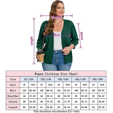 Women's Plus Size V-Neck Cardigan Casual 3/4 Sleeve Knit Button Down Open Front Sweater
