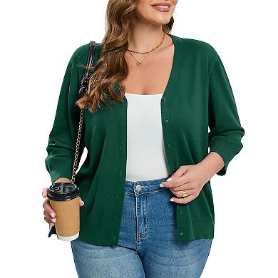 Women's Plus Size V-Neck Cardigan Casual 3/4 Sleeve Knit Button Down Open Front Sweater
