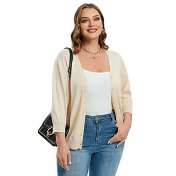 Women's Plus Size V-Neck Cardigan Casual 3/4 Sleeve Knit Button Down Open Front Sweater