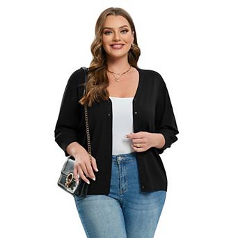 Women's Plus Size V-Neck Cardigan Casual 3/4 Sleeve Knit Button Down Open Front Sweater