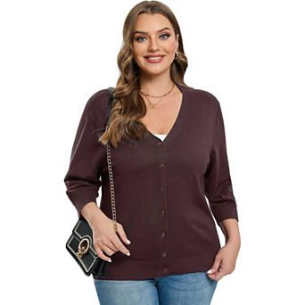 Women's Plus Size V-Neck Cardigan Casual 3/4 Sleeve Knit Button Down Open Front Sweater