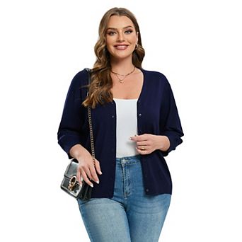 Women's Plus Size V-Neck Cardigan Casual 3/4 Sleeve Knit Button Down Open Front Sweater