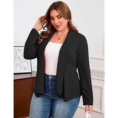 Women Plus Size Open-Front Casual Blazer Solid Color Long Sleeve Cardigan Work Office Jacket