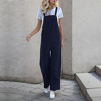 Womens Loose Fit Overalls Adjustable Strap Wide Leg Pant Bibs Versatile Jumpsuits with Pocket