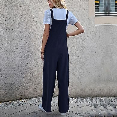 Womens Loose Fit Overalls Adjustable Strap Wide Leg Pant Bibs Versatile Jumpsuits with Pocket