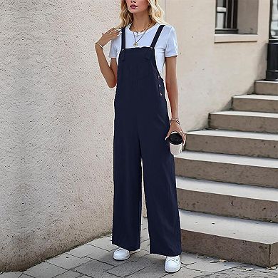 Womens Loose Fit Overalls Adjustable Strap Wide Leg Pant Bibs Versatile Jumpsuits with Pocket