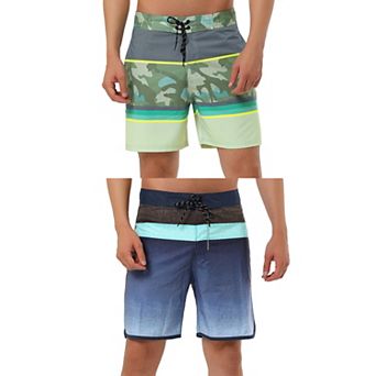 2 Packs Men's Summer Color Block Drawstring Beach Swimwear Board Shorts with Pockets