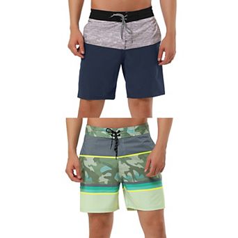 2 Packs Men's Summer Color Block Drawstring Beach Swimwear Board Shorts with Pockets