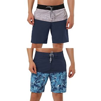 2 Packs Men's Summer Color Block Drawstring Beach Swimwear Board Shorts with Pockets