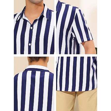 2 Packs Men's Short Sleeved Color Block Button Down Beach Stripe Shirt