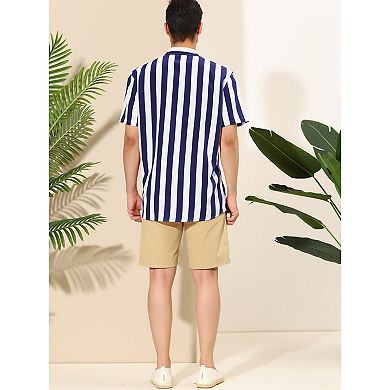 2 Packs Men's Short Sleeved Color Block Button Down Beach Stripe Shirt