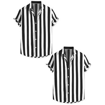2 Packs Men's Short Sleeved Color Block Button Down Beach Stripe Shirt