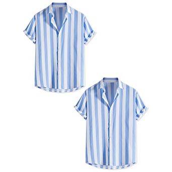 2 Packs Men's Short Sleeved Color Block Button Down Beach Stripe Shirt