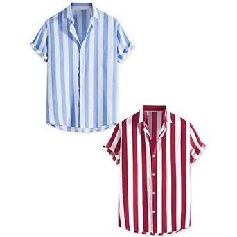 2 Packs Men's Short Sleeved Color Block Button Down Beach Stripe Shirt