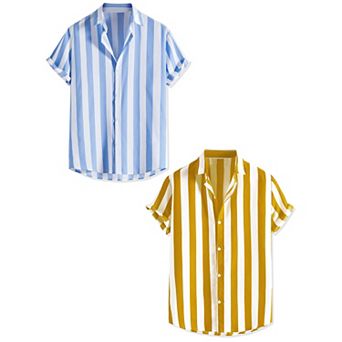 2 Packs Men's Short Sleeved Color Block Button Down Beach Stripe Shirt
