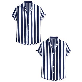 2 Packs Men's Short Sleeved Color Block Button Down Beach Stripe Shirt
