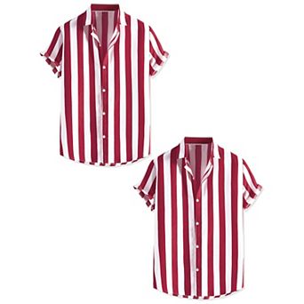 2 Packs Men's Short Sleeved Color Block Button Down Beach Stripe Shirt