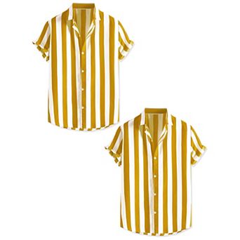 2 Packs Men's Short Sleeved Color Block Button Down Beach Stripe Shirt