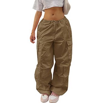 Women Parachute Pants Baggy Drawstring Elastic Low Waist Ruched Cargo Pants with Multiple Pockets