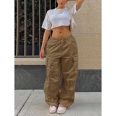 Women Parachute Pants Baggy Drawstring Elastic Low Waist Ruched Cargo Pants with Multiple Pockets