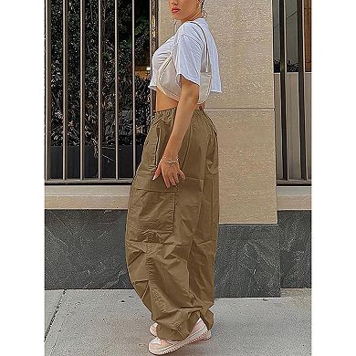 Women Parachute Pants Baggy Drawstring Elastic Low Waist Ruched Cargo Pants with Multiple Pockets