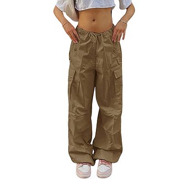 Women Parachute Pants Baggy Drawstring Elastic Low Waist Ruched Cargo Pants with Multiple Pockets