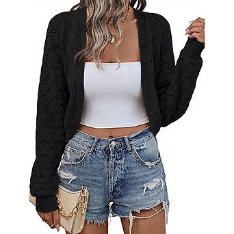 Women's Cropped Cardigan Bolero Shrugs Knit Open Front Long Sleeve Sweater