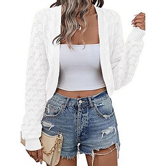 Women's Cropped Cardigan Bolero Shrugs Knit Open Front Long Sleeve Sweater