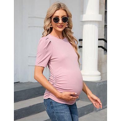 Women's Maternity Tops Casual Floral Print Puff Sleeve Ruched Tunic Shirt for Pregnancy