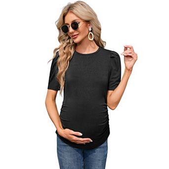 Women's Maternity Tops Casual Floral Print Puff Sleeve Ruched Tunic Shirt for Pregnancy