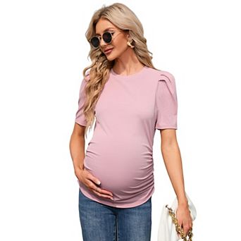 Women's Maternity Tops Casual Floral Print Puff Sleeve Ruched Tunic Shirt for Pregnancy
