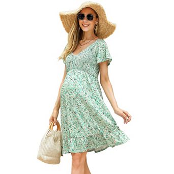 Women Maternity Dress V Neck Smocked Short Sleeve Boho Ruffle Swing Midi Summer Dress for Women