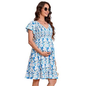 Women Maternity Dress V Neck Smocked Short Sleeve Boho Ruffle Swing Midi Summer Dress for Women