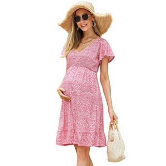 Women Maternity Dress V Neck Smocked Short Sleeve Boho Ruffle Swing Midi Summer Dress for Women