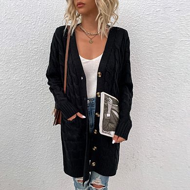 Women's Casual Long Sleeve Cable Knit Sweater Open Front Loose Outwear With Pocket