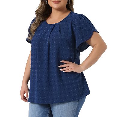 Women's Plus Size Tops Swiss Dot Crew Neck Tulip Short Sleeve Shirts Front Pleated Blouse Top