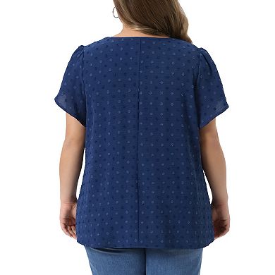 Women's Plus Size Tops Swiss Dot Crew Neck Tulip Short Sleeve Shirts Front Pleated Blouse Top