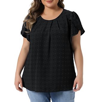 Women's Plus Size Tops Swiss Dot Crew Neck Tulip Short Sleeve Shirts Front Pleated Blouse Top