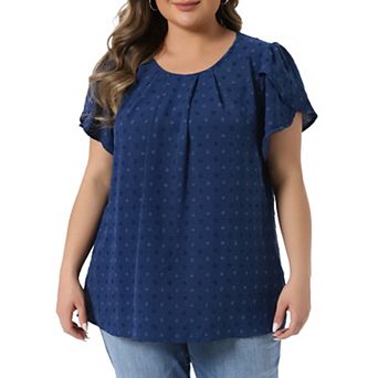 Women's Plus Size Tops Swiss Dot Crew Neck Tulip Short Sleeve Shirts Front Pleated Blouse Top
