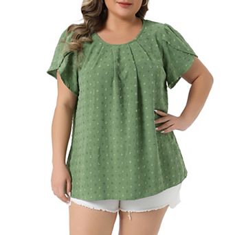 Women's Plus Size Tops Swiss Dot Crew Neck Tulip Short Sleeve Shirts Front Pleated Blouse Top