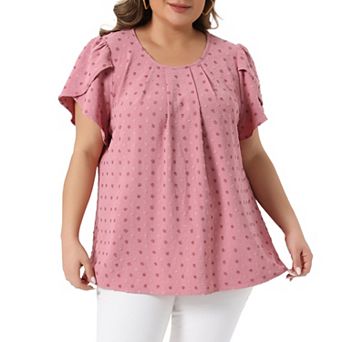 Women's Plus Size Tops Swiss Dot Crew Neck Tulip Short Sleeve Shirts Front Pleated Blouse Top