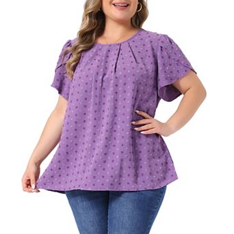 Women's Plus Size Tops Swiss Dot Crew Neck Tulip Short Sleeve Shirts Front Pleated Blouse Top