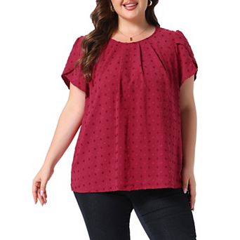 Women's Plus Size Tops Swiss Dot Crew Neck Tulip Short Sleeve Shirts Front Pleated Blouse Top